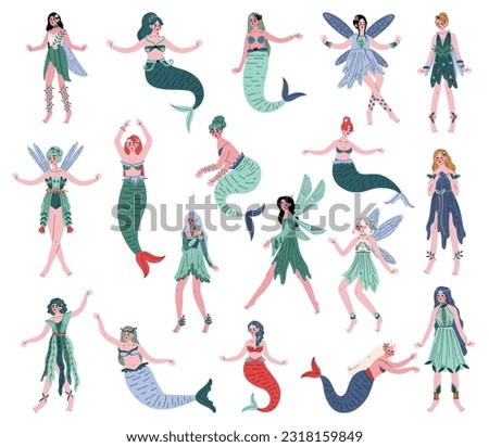 Magic Forest Fairy or Pixie with Wings and Mermaid with Fish Tail Big Vector Set