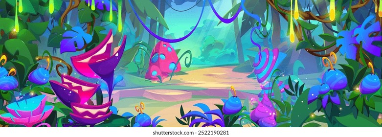 Magic forest with fantasy glowing fireflies and plants - flowers, mushrooms and berries. Cartoon vector alien dreamland scenery with mysterious garden creatures for adventure game ui level design.