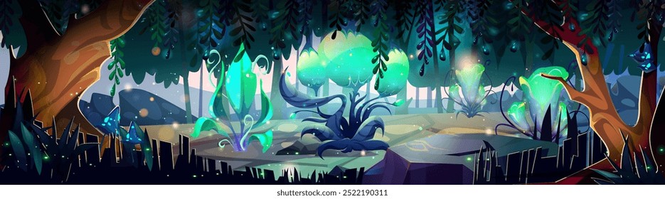 Magic forest with fantasy glowing flowers and plants. Cartoon vector illustration of alien dreamland scenery with mystic spooky creatures. Game ui level design with mysterious garden for adventure.