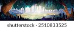 Magic forest with fantasy meadow landscape cartoon. Cute enchanted nature scene for game design. Dream land with glade and sunlight ray. Mystery glow scenery in fairytale world childish banner