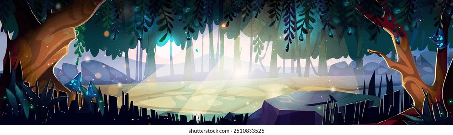 Bosque mágico con dibujos animados de paisaje de pradera de fantasía. Escena encantada linda de la naturaleza para el diseño del juego. Tierra de ensueño con brillo y rayo de luz solar. Paisaje de resplandor de misterio en el mundo de cuento de hadas Anuncio infantil