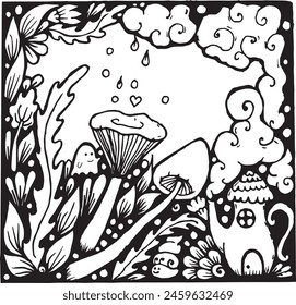 magic forest, fictional world, fairy tale world, fantasy, fairy-tale creatures. drawing, coloring, cartoon, sketch, hand drawing