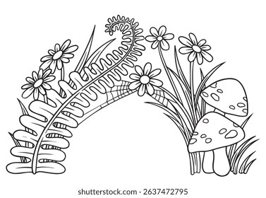 Magic forest frame with flowers, fern and mushrooms. Vector illustration, coloring book	