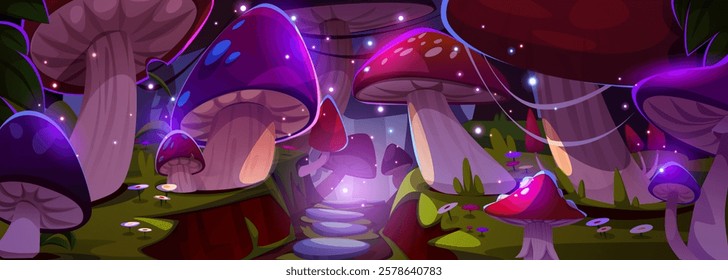 Magic forest with giant mushrooms and flowers at night. Vector cartoon illustration of neon color plants glowing in woods, fantasy fireflies in darkness, fairytale game background, gnome village