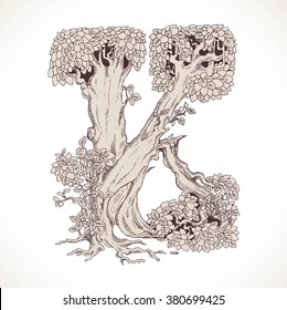 Magic forest hand drawn from trees by a vintage font - K