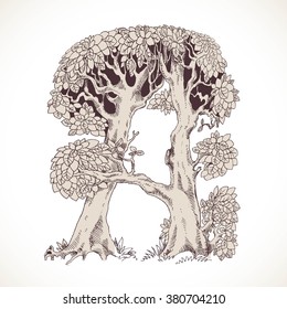 Magic forest hand drawn from trees by a vintage font - A