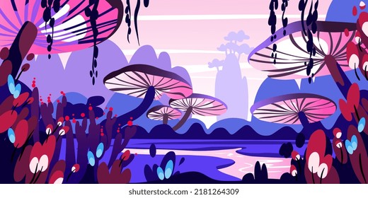 Magic forest with huge mushrooms, river and mystical purple light. Vector cartoon fantasy illustration of landscape. Background for game. Alien landscape.