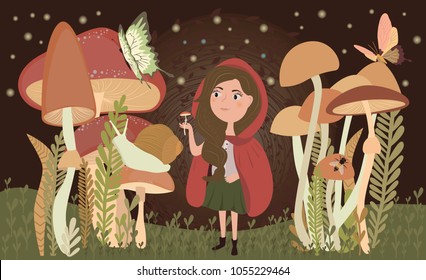 Magic forest illustrations with girl and forest plant. Cartoon poster for children's holidays, design and illustrations for books. Editable vector illustration