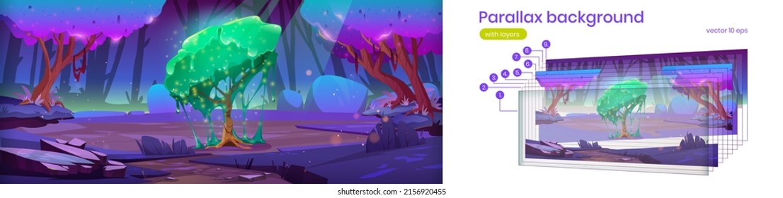 Magic forest landscape with fantasy alien tree with green dripping slime. Vector parallax background ready for 2d animation with cartoon illustration of fantastic tree with sticky foliage