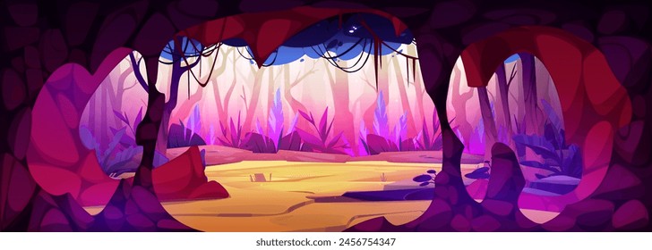 Paisaje de bosque mágico y fondo de dibujos animados vista de cuevas de árboles de fantasía. Escena del ambiente de la naturaleza oscura en el jardín de la madera de la selva con la planta densa y la vid. Paisaje de cuento de hadas misterioso para la aventura salvaje