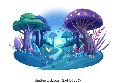 Paisagem da floresta mágica à noite. Conto de fadas mundo assustador com cogumelos neon e árvores azuis de floresta monstro, flores e folhagem de moita, rio e morcegos voando no céu desenho animado vetor ilustração