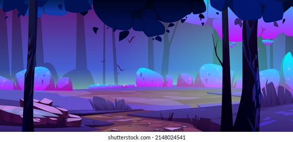 Magic forest landscape with trees and bushes at night. Vector cartoon illustration of fantastic scene of woods with mystic purple light. Fantasy garden with plants, stones, path and glade