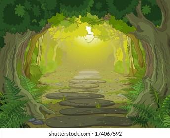 Magic forest landscape with trees and ferns