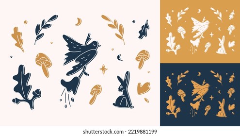 Magic forest linocut clipart set. Folk art autumn collection. Forest and garden elements. Wild nature vector illustration.