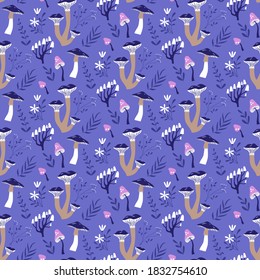 Magic forest mushroom seamless pattern. Natural botanical illustration background. Flower, herb and apothecary ingredient cartoon in hand drawn style for print, wrapping paper or fashion fabric.