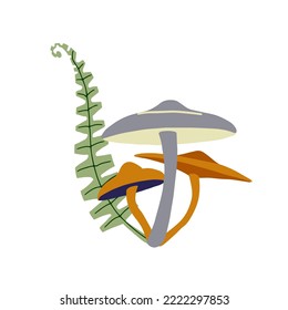 Magic forest mushrooms and ferns decorative composition in natural brown colors. Hand drawn vector illustration
