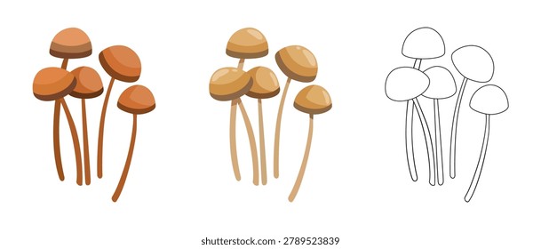 Magic forest mushrooms vector set. Autumn fungus icon collection with flat color variations and line art outline sketch. A high-quality vector illustration bundle featuring a cluster of wild forest mushrooms. Includes three distinct style variations: a deep warm autumn palette, a soft neutral beige-brown cartoon design with subtle highlights, and a clean black and white line art outline. Isolated on a white background, this versatile graphic set is perfect for enchanted or fairytale forest illustrations, mystical autumn themed designs, botanical posters, educational biology graphics, seasonal foraging blogs, and cozy cottagecore aesthetics.