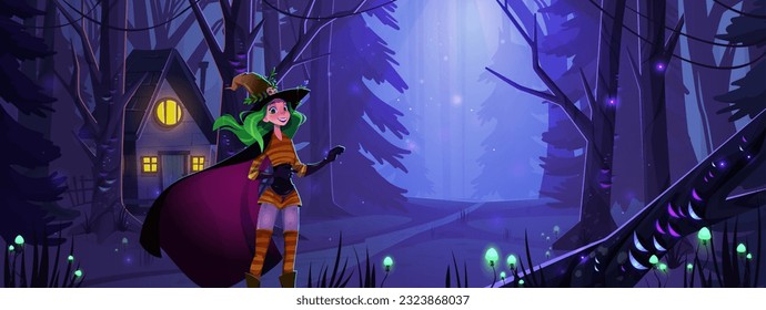 Magic forest at night with girl and house vector landscape background. Dark fantasy fairytale halloween environment with hut, fog and happy mystery wizard woman. Green mystic flower near road design