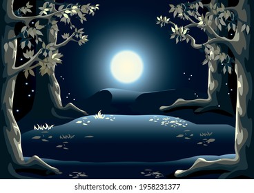 Magic forest at night with tall trees, fireflies, forest glade and the moon. Happy Halloween. Fabulous night landscape for poster, flyer, invitation or card