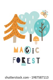 Magic forest nursery decor baby print. Woodland posters for kids room. Cute trees isolated on white background. Vector illustration.