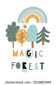 Magic forest nursery decor baby print. Woodland posters for kids room. Cute trees and rainbow isolated on white background. Vector illustration.