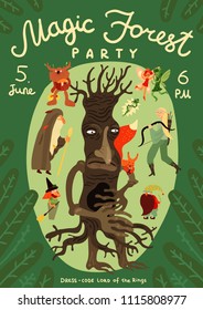 Magic forest party announcement poster with time date fairy tale witch archer wizard elf characters vector illustration