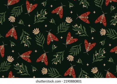 Magic forest pattern on a dark background. With night butterflies, flowers and leaves. Esoteric magic printable pattern