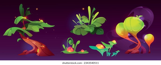 Magic forest plants in cartoon vector illustration. Fantasy fairy tree, bush and flowers with glowing effect for wonderland landscape. Whimsical luminous nature with sparks for game or tale world.