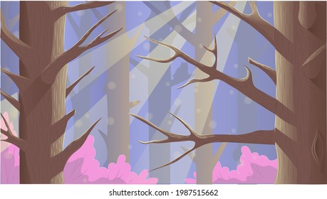 El bosque mágico con inusuales vigas de luz en colores rosa y azul parece mágico y misterioso. Es bueno para el fondo del juego, la publicidad, la presentación o el vídeo.