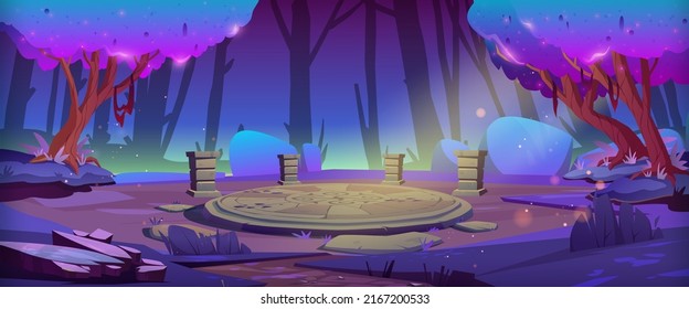 Magic forest with round stone altar at night. Vector cartoon illustration of fantasy woods landscape with trees, bushes, path and ancient ruins with circle platform and pillars