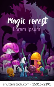 Magic forest scene. Unusual fantasy cartoon colorful mushrooms on the fairy night background. Vector illustration.