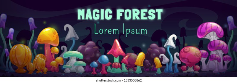 Magic forest scene. Unusual fantasy cartoon colorful mushrooms on the night background. Vector fairy banner.