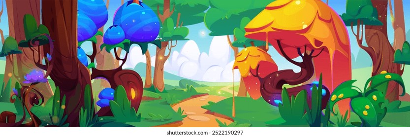 Magic forest scenery with fantasy plants. Vector cartoon illustration of beautiful summer landscape with enchanted berries, flowers, trees, footpath in grass, fluffy cloudscape, fairytale background