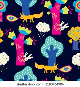 Magic forest. Seamless pattern in cartoon style.
