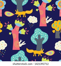 Magic forest. Seamless pattern in cartoon style. Can be used for wallpaper, pattern fills, web page background, surface textures.