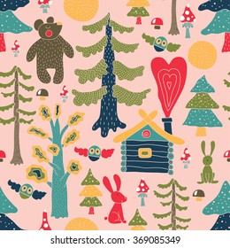 Magic forest. Seamless pattern in cartoon style.