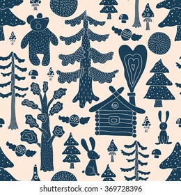Magic forest. Seamless pattern in cartoon style.
