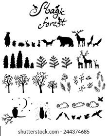 magic forest: set with silhouettes of animals