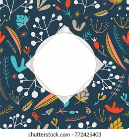 Magic forest template for text. Floral template with empty centre. Vector wildwood frame.
