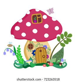 Magic forest toadstool mushroom as a house with door and windows, decorated with plants, flowers, isolated on white background, kids vector illustration for storybook or other design. Cartoon style.