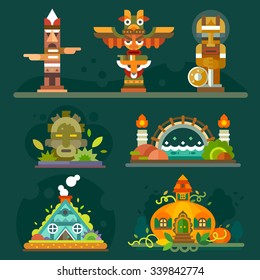 Magic forest totems and buildings: different wooden statues, giant stone magic head, bridge across the fish pond, pyramid turquoise house, pumpkin house. Flat vector illustration set. 