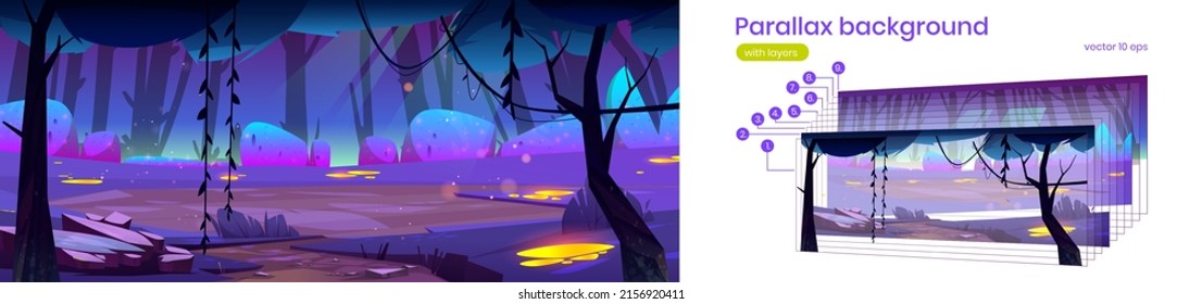 Magic forest with trees, bushes and gold spots on grass at night. Vector parallax background ready for 2d animation with cartoon illustration of fantastic woods landscape with path and glade