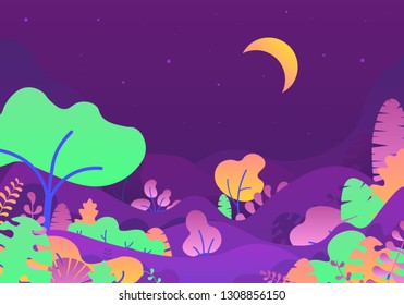 Magic forest with trees. Floral element for summer, spring autumn floral design. Design illustration for web design development. Summer card in flat style with text .