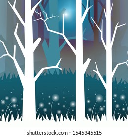 Magic forest with trees, glowing plants and blue sky. Mystic idea. Flat vector