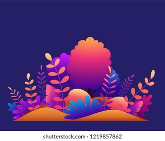Magic forest with trees, tropical and exotic plants in bright gradient colors. Modern concept vector illustration for banner or greeting card, web design.