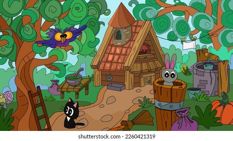 magic forest vector illustration. image for puzzles, board games or children's books. magic forest with house, cat and fairytales environment