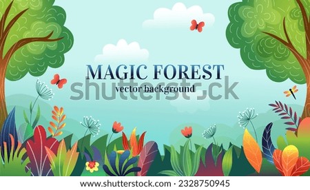 Magic forest. Wild nature. Enchanted garden. Flying butterfly. Magical plant woods. Meadow herbs or flowers. Fairytale environment. Summer landscape. Fantasy scenery. Vector background