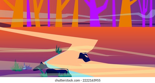 Magic forest with with, sunset. Vector cartoon fantasy illustration of forest landscape.
