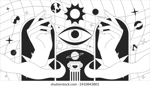 Papel de fondo de lofi en blanco y negro sobre la astronomía de la fortuna mágica. Ilustración plana de la historieta 2D de astrología emsotética. Todos viendo los ojos, planetas cósmicos. Vibes de ensueño línea vectorial lo fondo estético