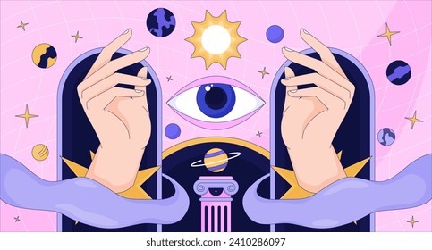 Magic fortune astronomy lofi wallpaper. Esoteric astrology 2D cartoon flat illustration. All seeing eye, cosmic planets. Divination. Dreamy vibes chill vector art, lo fi aesthetic colorful background